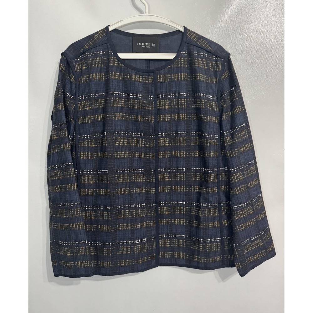 Lafayette 148 Size XL Blue Black Print Collarless Blazer Jacket Women's Office